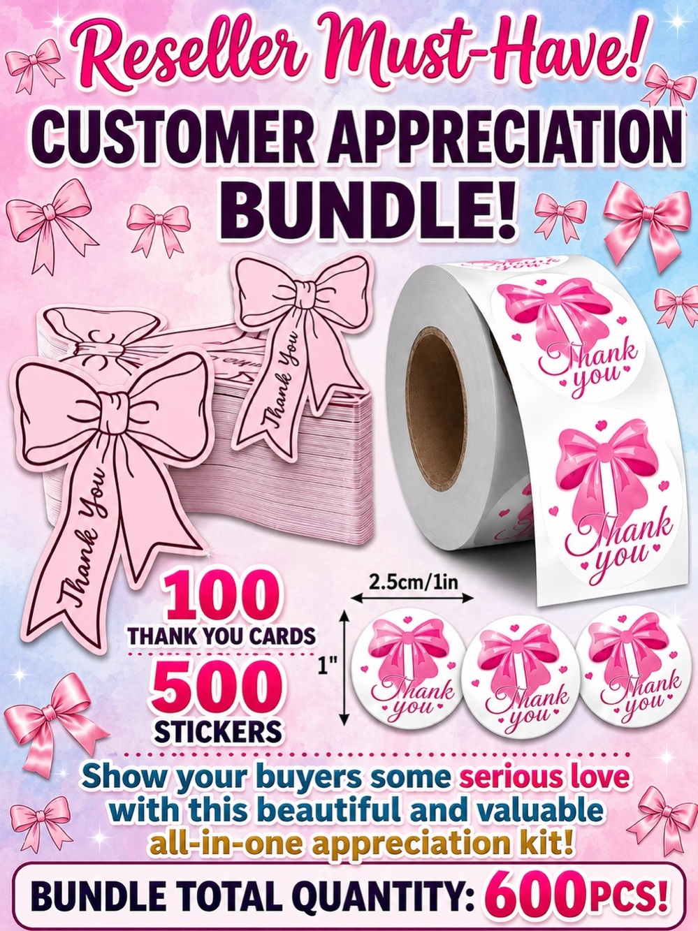 600pcs Customer Appreciation Bundle - 50 Thank You Cards & 500 Stickers
